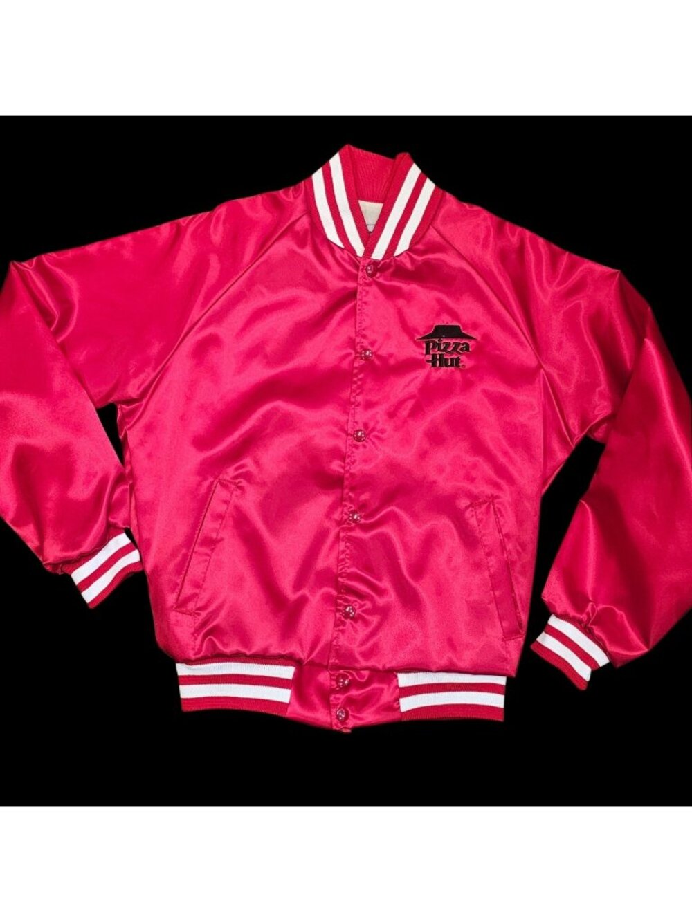 VTG Pizza Hut Red Satin Bomber Jacket Swingster Sz S/M Delivery Driver USA Made
